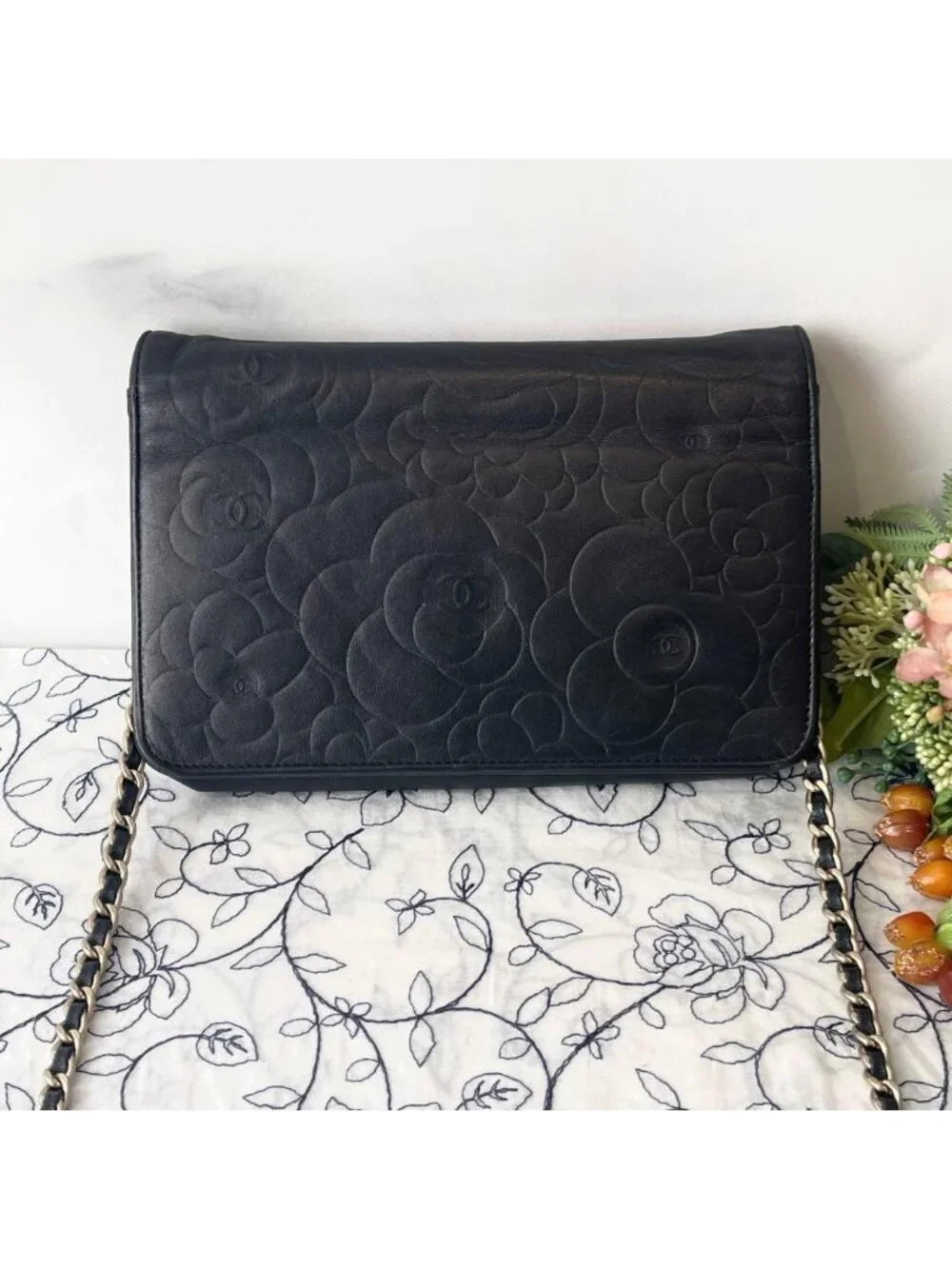 Chanel Chain Wallet Camellia Black Shoulder